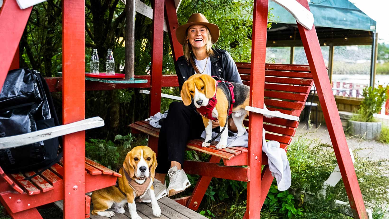 Judith Noordzij met haar beagles op een terras met rood houten bankje