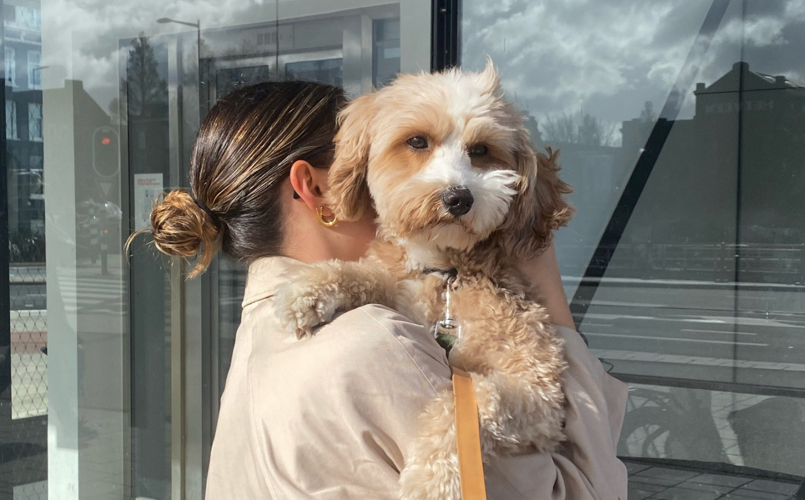 Benthe Liem draagt hond pupper in haar armen